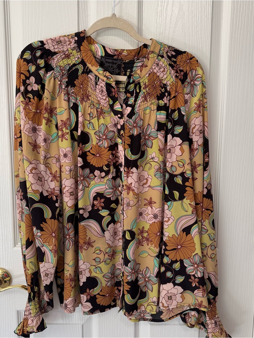 Johnny Was Silk Floral Button-Front Blouse in Black, Pink & Tan